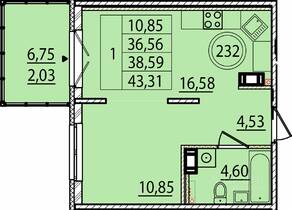 МЖК «Образцовый квартал 15», планировка 1-комнатной квартиры, 36.56 м²