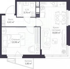 ЖК «ВЕРЕН НОРТ Сертолово», планировка 1-комнатной квартиры, 41.57 м²