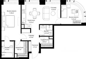 ЖК «Veer», планировка 2-комнатной квартиры, 72.19 м²