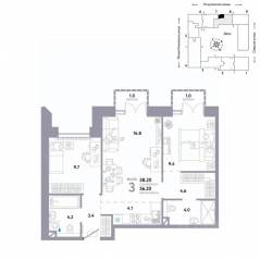 ЖК «Страна.Озерная», планировка 3-комнатной квартиры, 58.20 м²