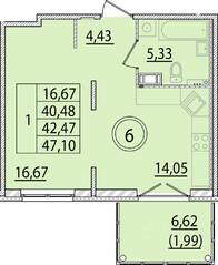 МЖК «Образцовый квартал 15», планировка 1-комнатной квартиры, 40.48 м²
