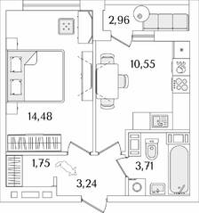ЖК «Лайнеръ», планировка 1-комнатной квартиры, 35.21 м²