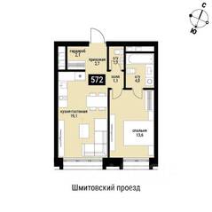 ЖК «Шелепиха», планировка 1-комнатной квартиры, 44.30 м²