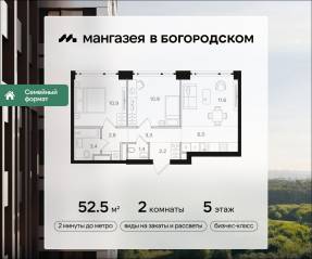 ЖК «Мангазея в Богородском», планировка 2-комнатной квартиры, 52.50 м²