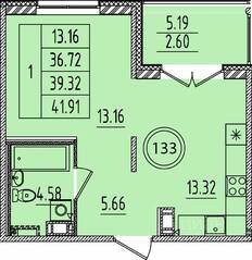 МЖК «Образцовый квартал 14», планировка 1-комнатной квартиры, 36.72 м²