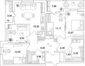ЖК «Cube», планировка 4-комнатной квартиры, 95.30 м²