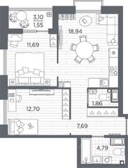 ЖК «Respect», планировка 2-комнатной квартиры, 59.22 м²