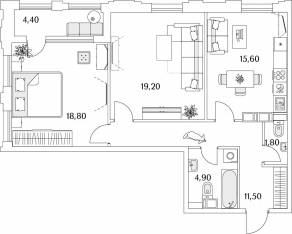 ЖК «Тайм Сквер», планировка 2-комнатной квартиры, 74.00 м²
