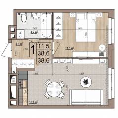 ЖК «Гранд Комфорт», планировка 1-комнатной квартиры, 38.60 м²