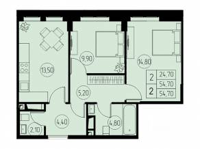 ЖК «31 квартал», планировка 2-комнатной квартиры, 54.70 м²