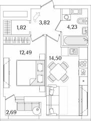 ЖК «Лайнеръ», планировка 1-комнатной квартиры, 38.21 м²