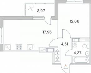 ЖК «Югтаун. Олимпийские кварталы», планировка 1-комнатной квартиры, 40.89 м²