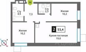 ЖК «Лесная Отрада», планировка 2-комнатной квартиры, 53.50 м²