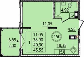 МЖК «Образцовый квартал 15», планировка 1-комнатной квартиры, 38.90 м²