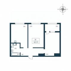 ЖК «Расцветай в Янино», планировка 2-комнатной квартиры, 57.10 м²
