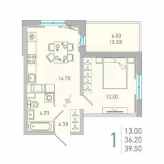 ЖК «Lovo», планировка 1-комнатной квартиры, 39.50 м²