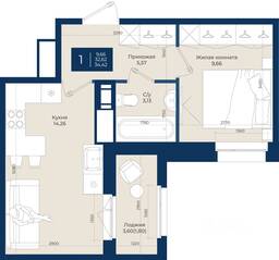 ЖК «Новатория», планировка 1-комнатной квартиры, 34.42 м²