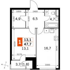 ЖК «Sky Garden», планировка 1-комнатной квартиры, 45.70 м²