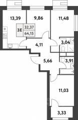ЖК «Smart Garden», планировка 3-комнатной квартиры, 64.10 м²