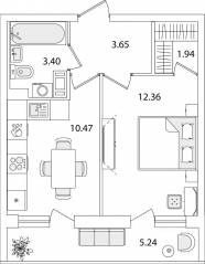 ЖК «Кинопарк», планировка 1-комнатной квартиры, 34.44 м²