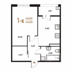 ЖК «Новое Летово», планировка 1-комнатной квартиры, 44.50 м²