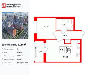 ЖК «Город звезд», планировка 1-комнатной квартиры, 30.36 м²