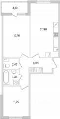 ЖК «Ясно. Янино», планировка 2-комнатной квартиры, 66.19 м²