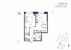 ЖК «Ranta Residence», планировка 1-комнатной квартиры, 45.67 м²