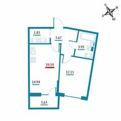 ЖК «Левитан», планировка 1-комнатной квартиры, 39.59 м²