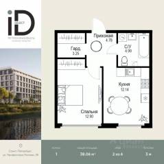 ЖК «ID Petrogradskaya», планировка 1-комнатной квартиры, 38.06 м²