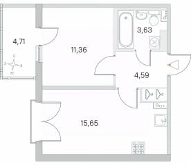 МЖК «Любоград», планировка 1-комнатной квартиры, 36.64 м²