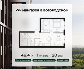 ЖК «Мангазея в Богородском», планировка 1-комнатной квартиры, 46.40 м²