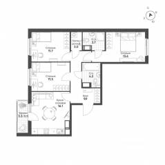 ЖК «Клюква.Парк», планировка 3-комнатной квартиры, 74.20 м²