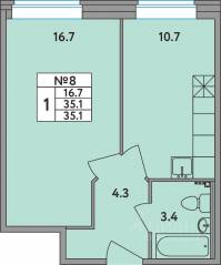 ЖК «Удача», планировка 1-комнатной квартиры, 35.10 м²