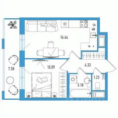 ЖК «Искра Сити», планировка 1-комнатной квартиры, 37.54 м²