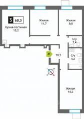 ЖК «Лесная Отрада», планировка 3-комнатной квартиры, 68.30 м²