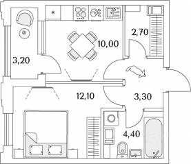 ЖК «Тайм Сквер», планировка 1-комнатной квартиры, 34.20 м²