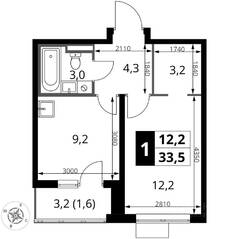 ЖК «1-й Донской», планировка 1-комнатной квартиры, 33.50 м²