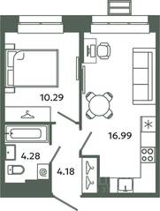 ЖК «Загляденье», планировка 1-комнатной квартиры, 35.74 м²
