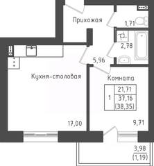 ЖК «Зеленый Оазис-Город», планировка 1-комнатной квартиры, 38.11 м²