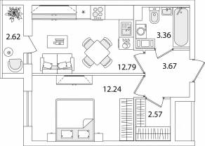 ЖК «Кинопарк», планировка 1-комнатной квартиры, 35.94 м²
