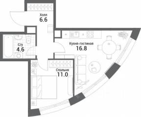 ЖК «Nagatino i-Land», планировка 1-комнатной квартиры, 39.00 м²