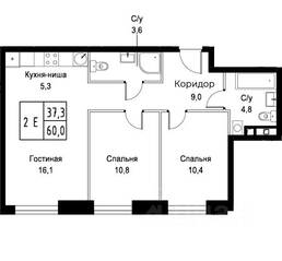 Апарт-комплекс «Aist Residence», планировка 2-комнатной квартиры, 60.00 м²