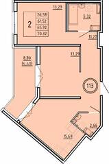 МЖК «Образцовый квартал 16», планировка 2-комнатной квартиры, 61.52 м²