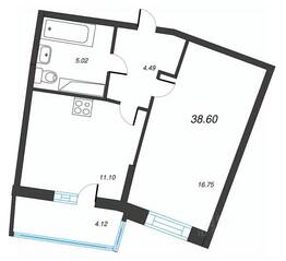 ЖК «Левитан», планировка 1-комнатной квартиры, 38.60 м²