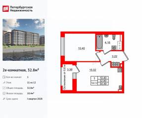 ЖК «Setl Ривьера», планировка 1-комнатной квартиры, 32.80 м²