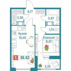 ЖК «Графика», планировка 1-комнатной квартиры, 38.62 м²