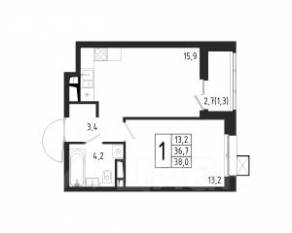 ЖК «Берег», планировка 1-комнатной квартиры, 38.00 м²