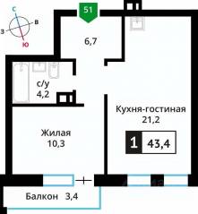 ЖК «Лесная Отрада», планировка 1-комнатной квартиры, 43.40 м²