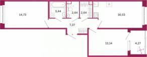 ЖК «Дом на Курской», планировка 2-комнатной квартиры, 62.13 м²